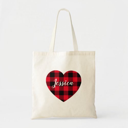 Personalized Black and Red Buffalo Plaid Heart Tote Bag