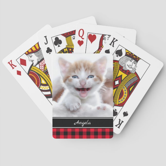 Personalized Black and Red Buffalo Plaid Photo Poker Cards (Back)