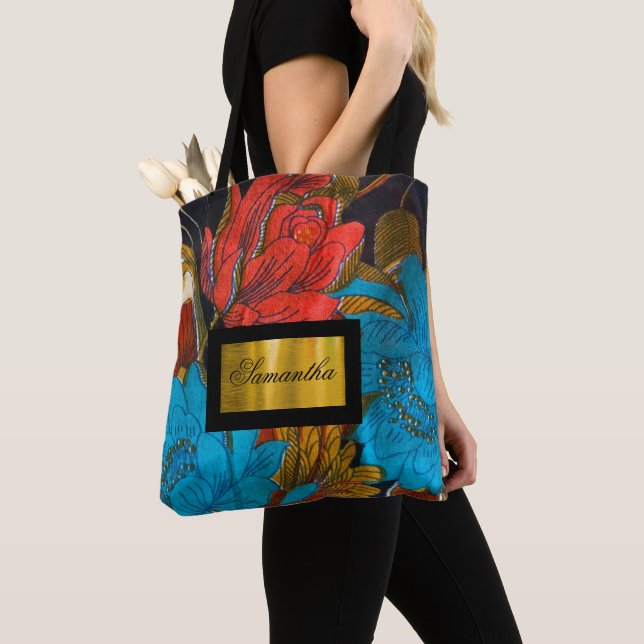 Personalized Black and red floral pattern tote bag (Close Up)