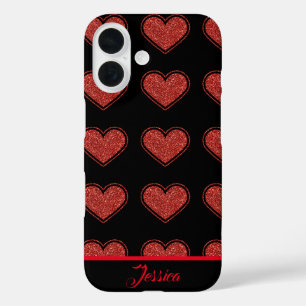 Personalized black and red glitter hearts iPhone 16 case
