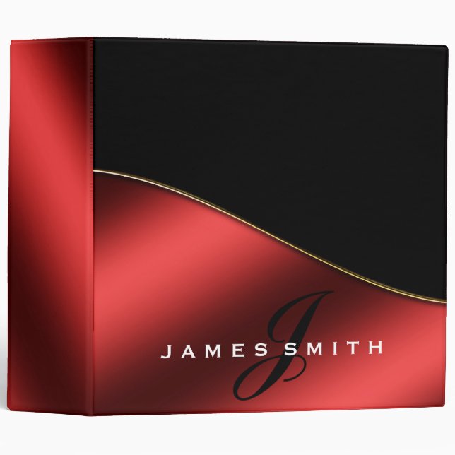 Personalized Black and Red Gold Faux Confetti 3 Ring Binder (Front/Spine)