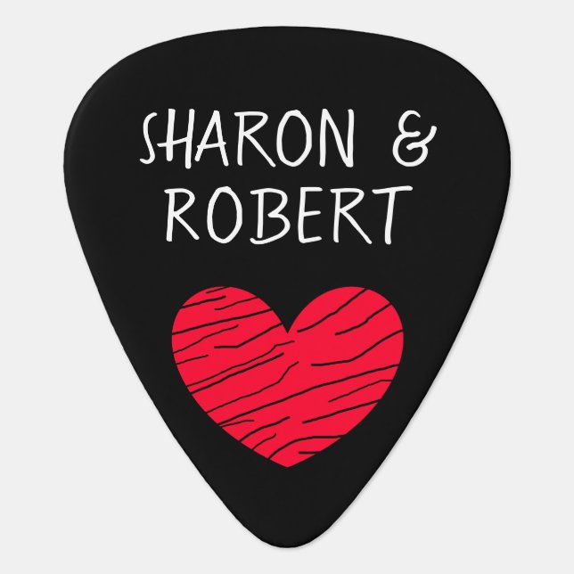 Personalized Black and Red Heart Couple Guitar Pic Pick (Front)