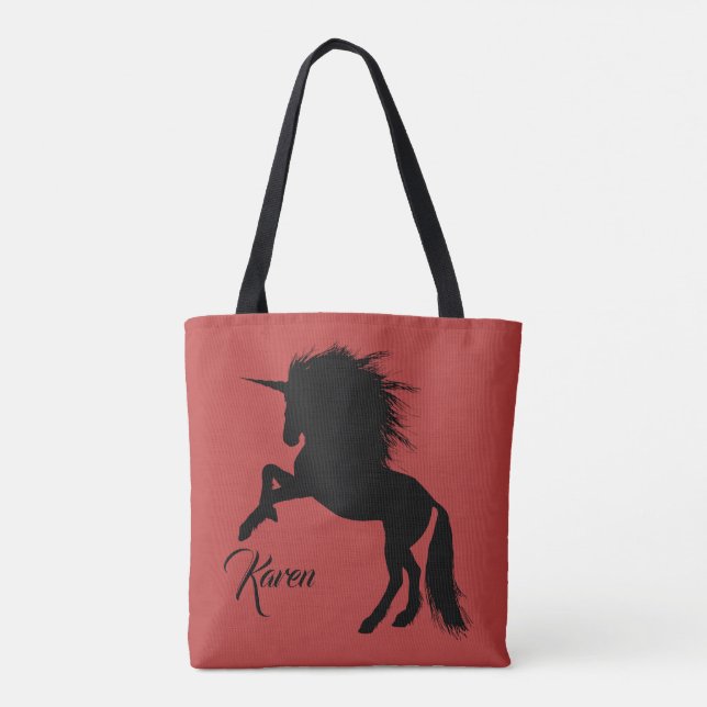 Personalized Black and Red Magic Rearing Unicorn Tote Bag (Back)