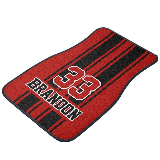 Personalized Black And Red Racing Stripe Car Floor Mat (Angled)