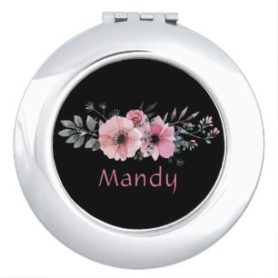 Personalized Black and Rose Pink Floral Watercolor Compact Mirror
