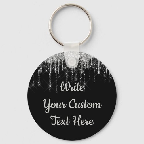 Personalized Black and Silver Glitter Drip Custom  Keychain