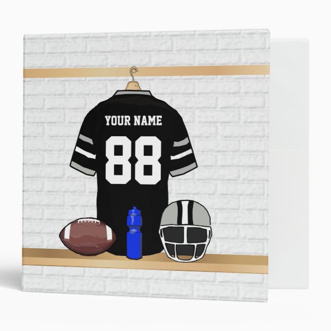 Personalized Black and Silver Gray Football Jersey 3 Ring Binder (Front/Inside)