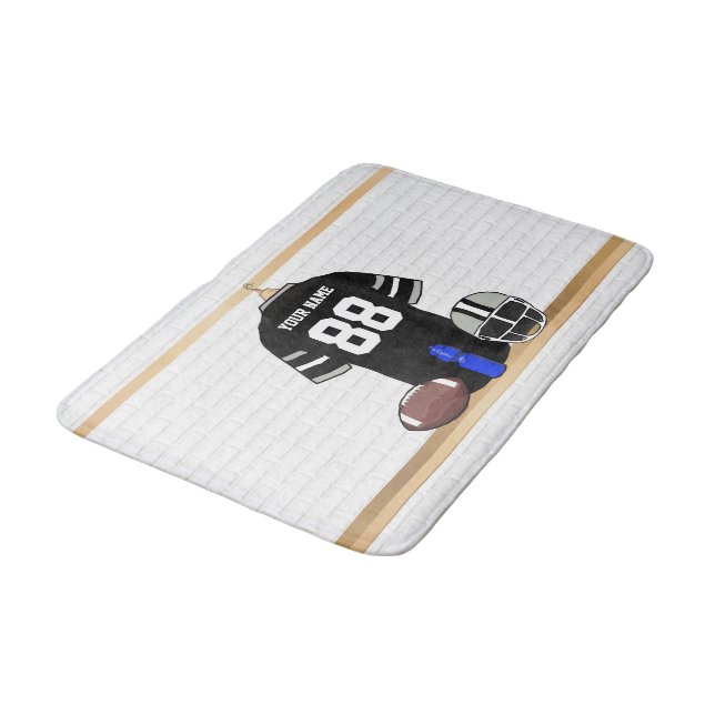 Personalized Black and Silver Gray Football Jersey Bath Mat (Angled)