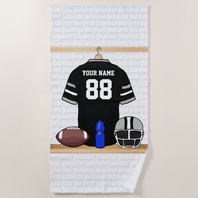 Personalized Black and Silver Gray Football Jersey Beach Towel (Front)