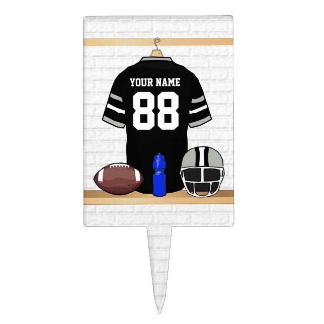 Personalized Black and Silver Gray Football Jersey Cake Topper (Front)