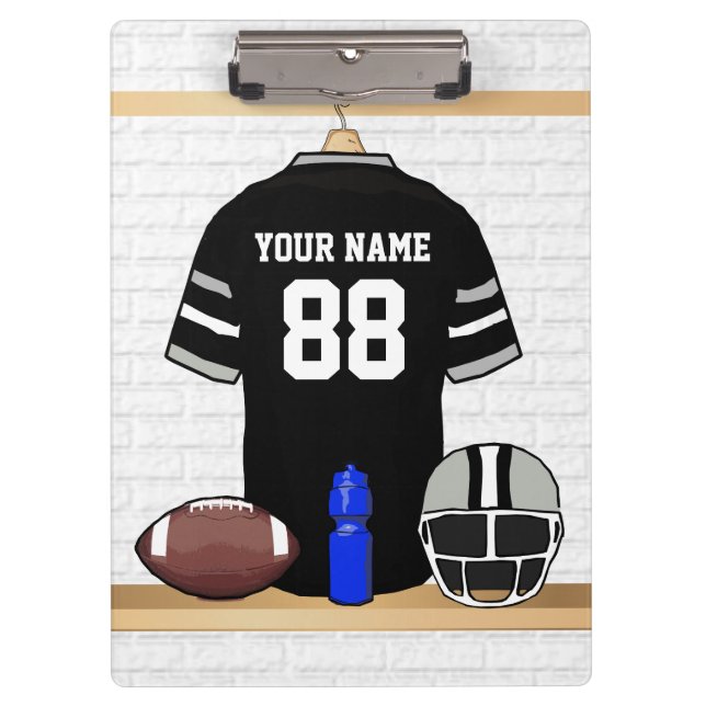 Personalized Black and Silver Gray Football Jersey Clipboard (Front)