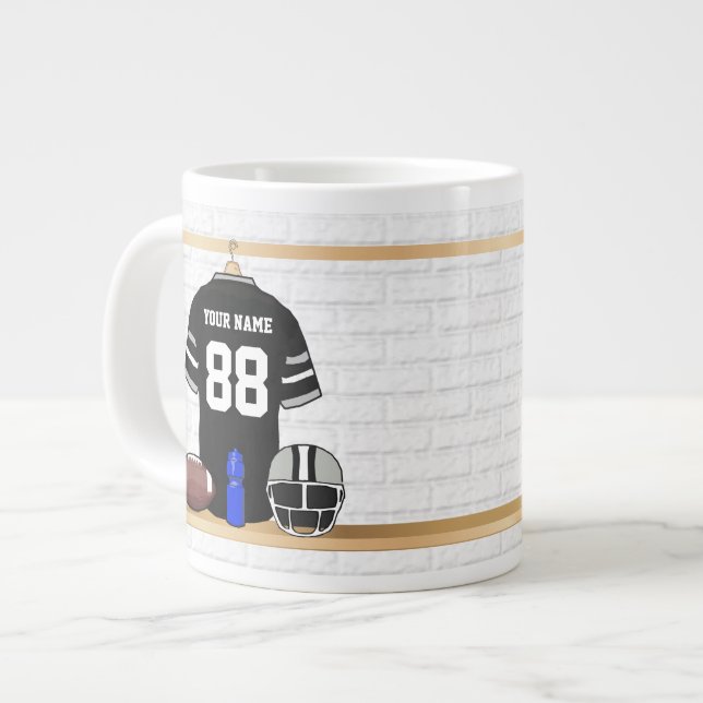 Personalized Black and Silver Gray Football Jersey Giant Coffee Mug (Front Left)