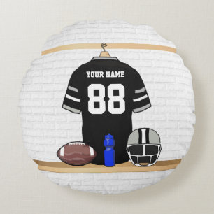 Personalized Black and Silver Gray Football Jersey Round Pillow