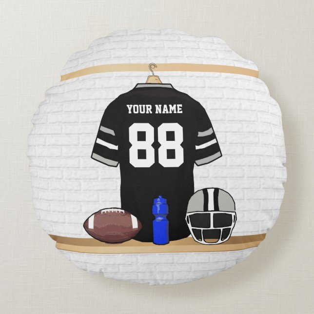 Personalized Black and Silver Gray Football Jersey Round Pillow (Front)