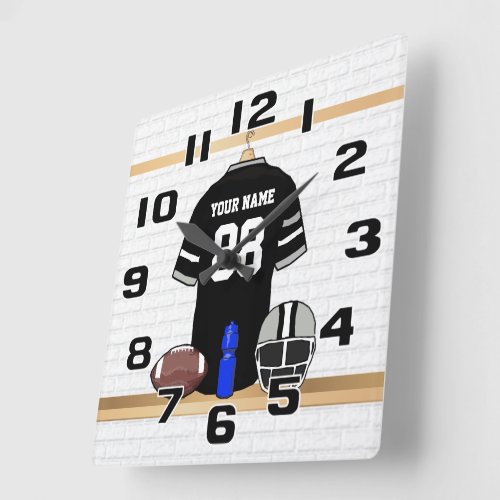 Personalized Black and Silver Gray Football Jersey Square Wall Clock