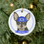 Personalized Black and Tan Chihuahua Yarmulke Ceramic Ornament<br><div class="desc">Celebrate your favorite mensch on a bench with personalized ornament! This design features a sweet illustration of a black and tan applehead chihuahua dog with a blue and white yarmulke. For the most thoughtful gifts, pair it with another item from my collection! To see more work and learn about this...</div>