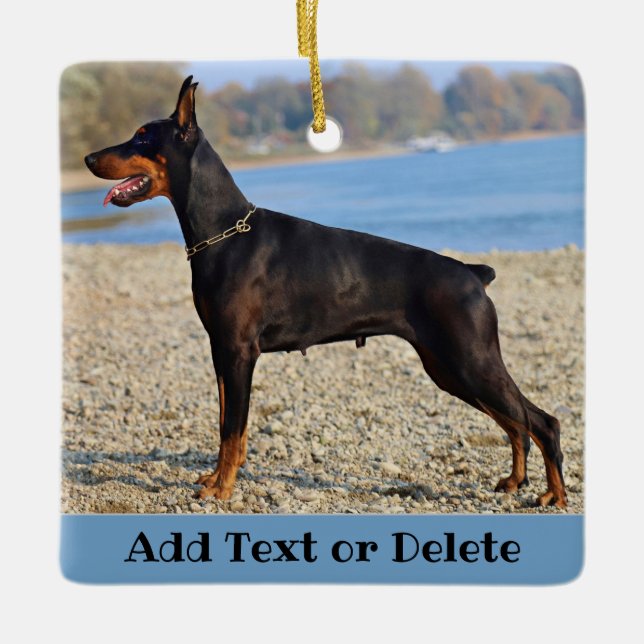 Personalized Black and Tan Doberman Pinscher Ceramic Ornament (Front)