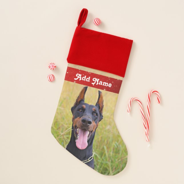 Personalized Black and Tan Doberman Pinscher Christmas Stocking (Front)