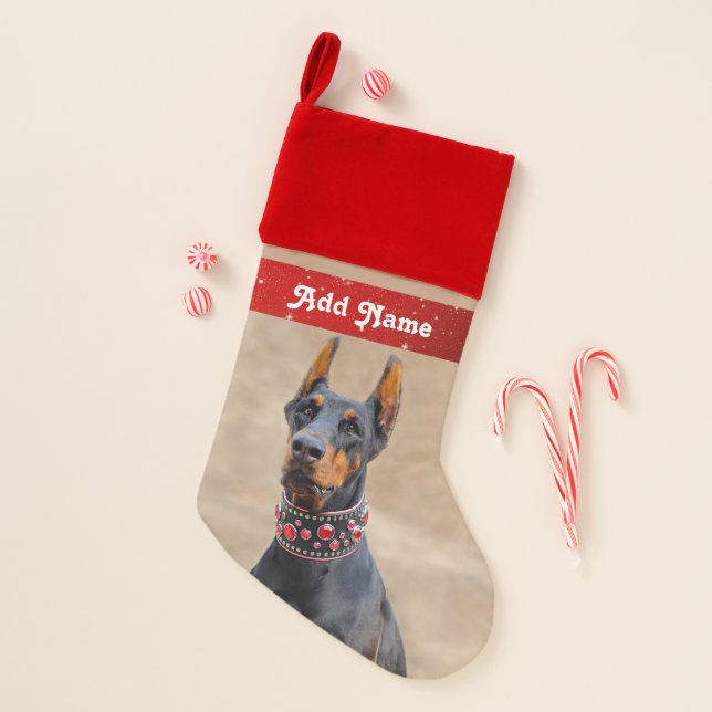 Personalized Black and Tan Doberman Pinscher Christmas Stocking (Front)