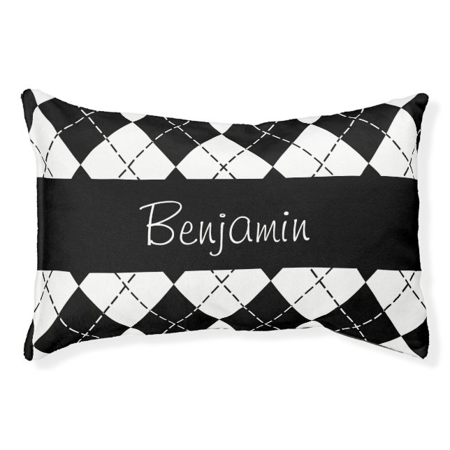 Personalized Black and White Argyle Pet Bed (Front)