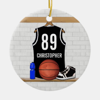 Personalized Black and White Basketball Jersey Ceramic Ornament