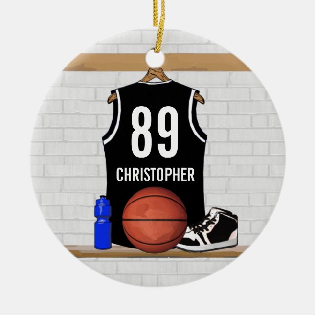 Personalized Black and White Basketball Jersey Ceramic Ornament (Front)