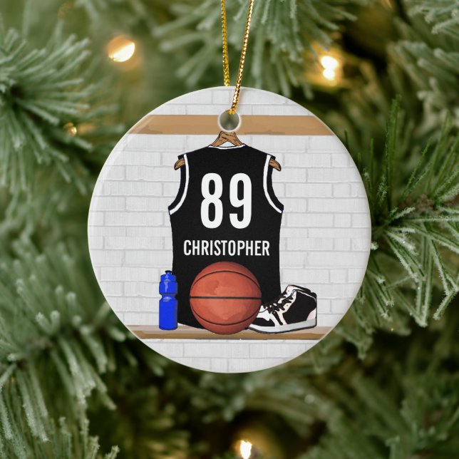 Personalized Black and White Basketball Jersey Ceramic Ornament (Tree)