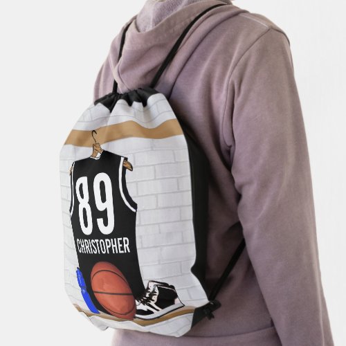 Personalized Black and White Basketball Jersey Drawstring Bag