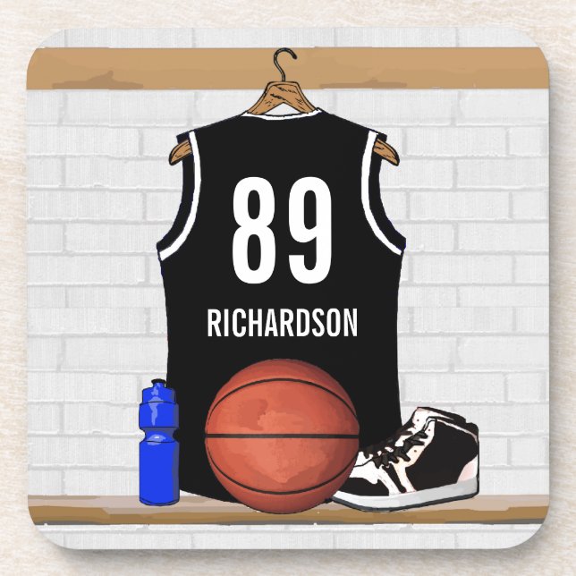 Personalized Black and White Basketball Jersey Drink Coaster (Front)