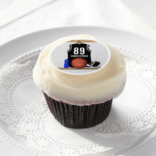 Personalized Black and White Basketball Jersey Edible Frosting Rounds