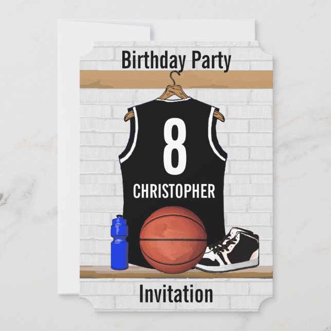 Personalized Black and White Basketball Jersey Invitation (Front)