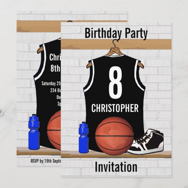 Personalized Black and White Basketball Jersey Invitation (Front/Back)
