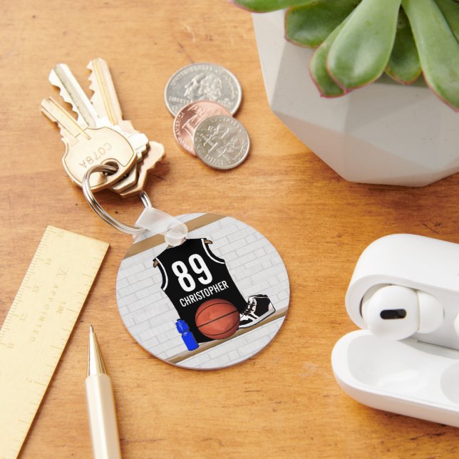 Personalized Black and White Basketball Jersey Keychain (Desk)