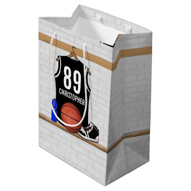Personalized Black and White Basketball Jersey Medium Gift Bag (Back Angled)