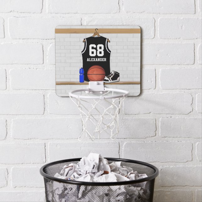 Personalized Black and White Basketball Jersey Mini Basketball Hoop (In Situ)