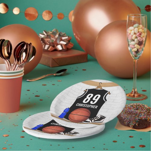Personalized Black and White Basketball Jersey Paper Plates