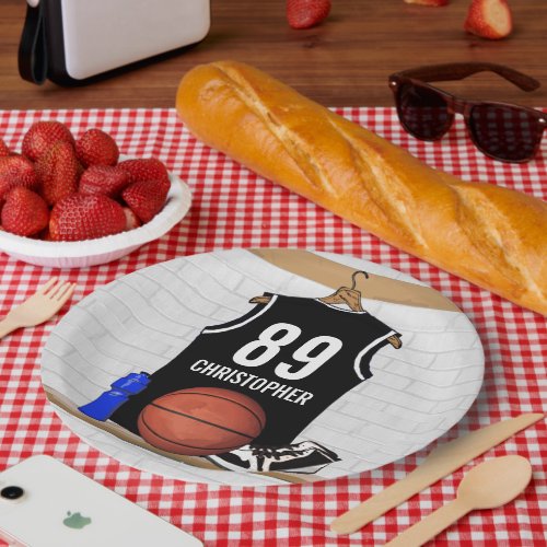 Personalized Black and White Basketball Jersey Paper Plates