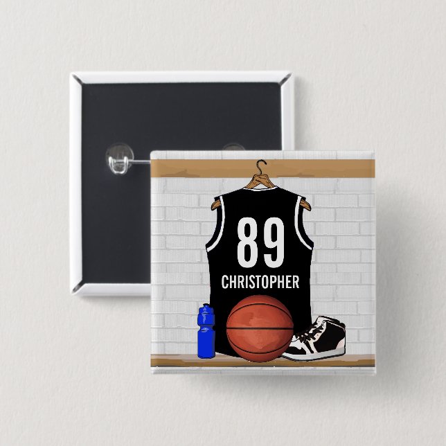 Personalized Black and White Basketball Jersey Pinback Button (Front & Back)