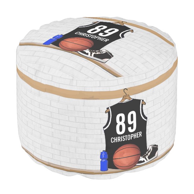 Personalized Black and White Basketball Jersey Pouf (Angled Back)