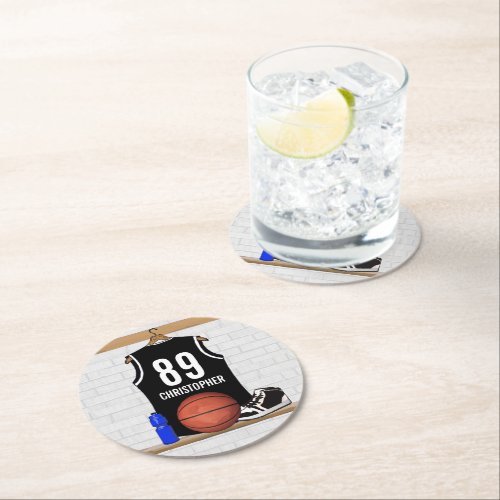 Personalized Black and White Basketball Jersey Round Paper Coaster