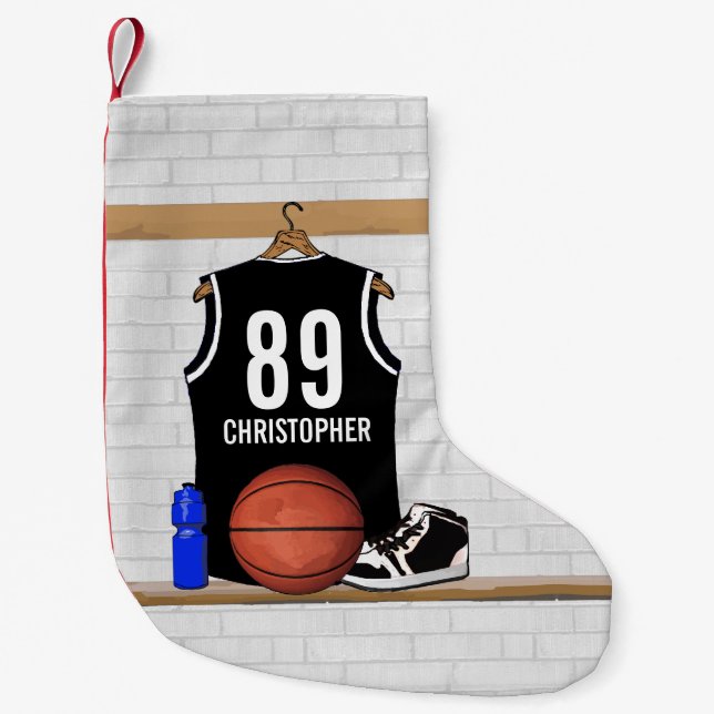 Personalized Black and White Basketball Jersey Small Christmas Stocking (Front)