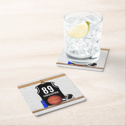 Personalized Black and White Basketball Jersey Square Paper Coaster