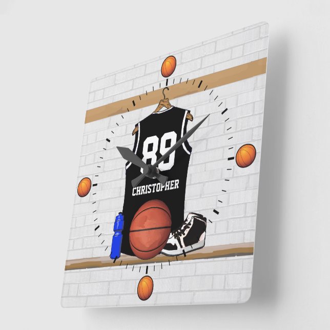Personalized Black and White Basketball Jersey Square Wall Clock (Angle)