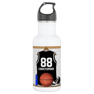 Personalized Black and White Basketball Jersey Stainless Steel Water Bottle