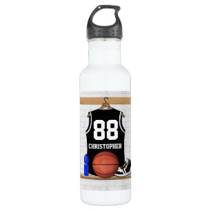 Personalized Black and White Basketball Jersey Stainless Steel Water Bottle