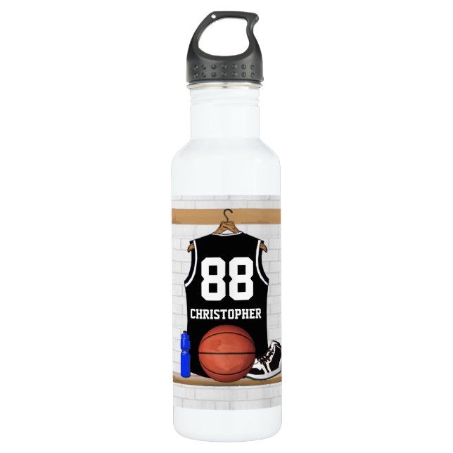 Personalized Black and White Basketball Jersey Stainless Steel Water Bottle (Front)