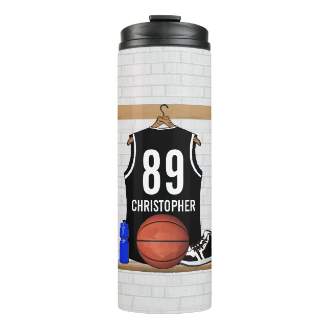 Personalized Black and White Basketball Jersey Thermal Tumbler (Front)