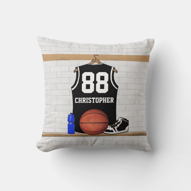 Personalized Black and White Basketball Jersey Throw Pillow (Front)