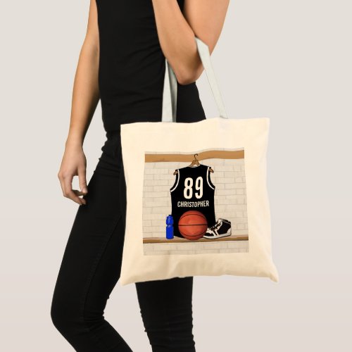 Personalized Black and White Basketball Jersey Tote Bag