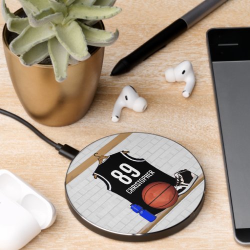 Personalized Black and White Basketball Jersey Wireless Charger